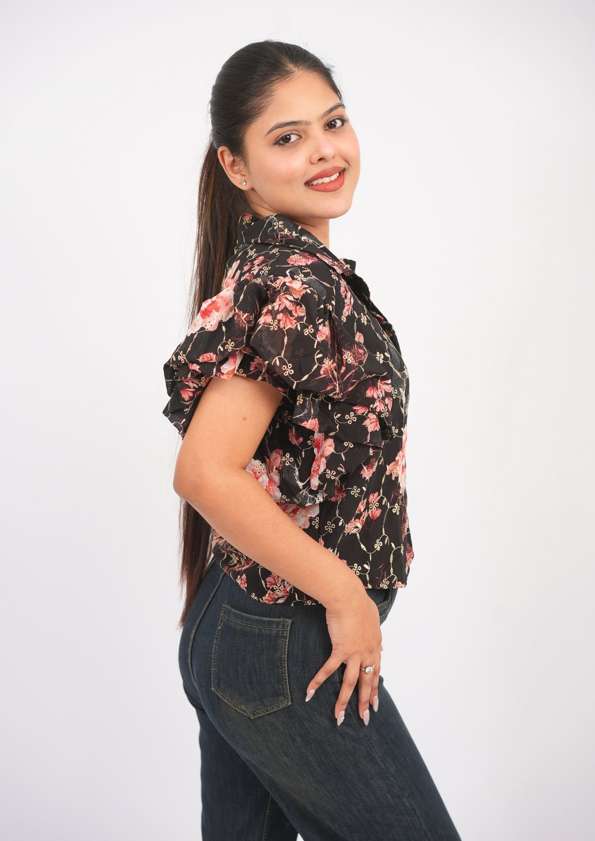 Embroidered Elegance Printed Fusion Top