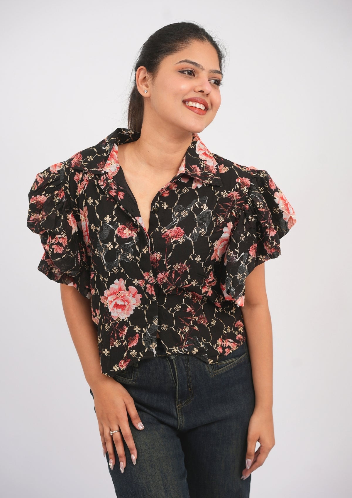 Embroidered Elegance Printed Fusion Top