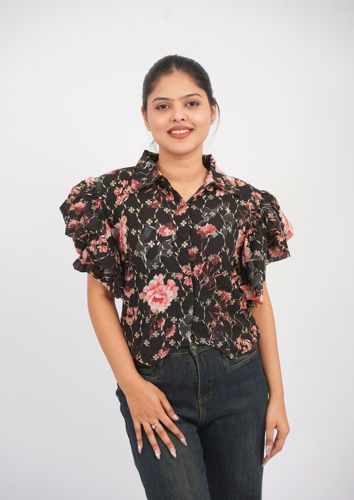 Embroidered Elegance Printed Fusion Top