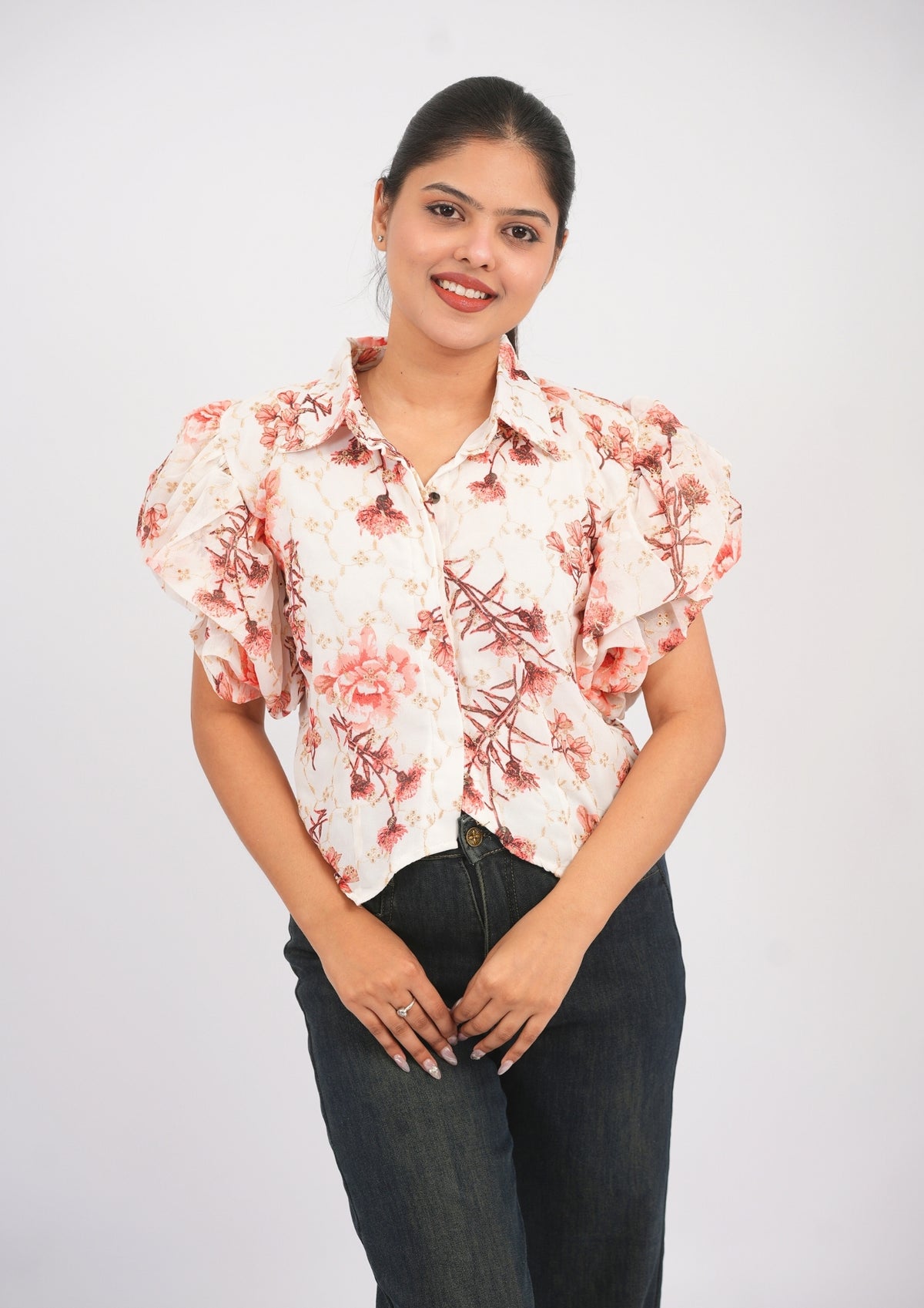 Embroidered Elegance Printed Fusion Top