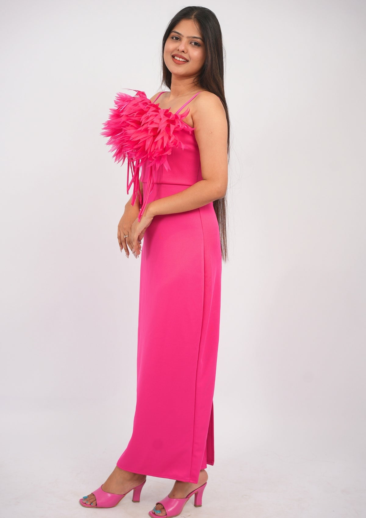 Stunning Long A-Line Evening Dress with Delicate Leaf Feather Accents
