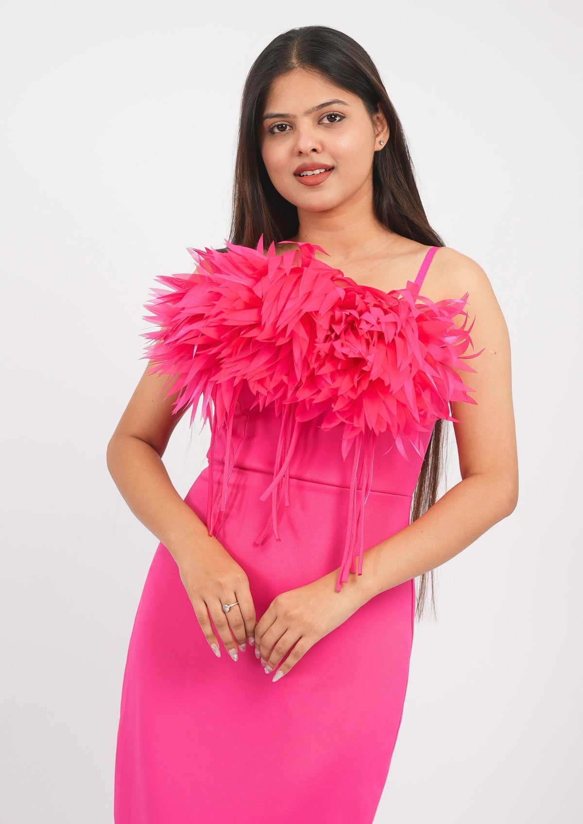 Stunning Long A-Line Evening Dress with Delicate Leaf Feather Accents
