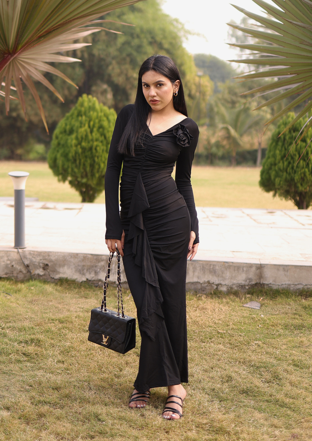 Sexy Long V-Necked Dress with Front Rose for a Date Night