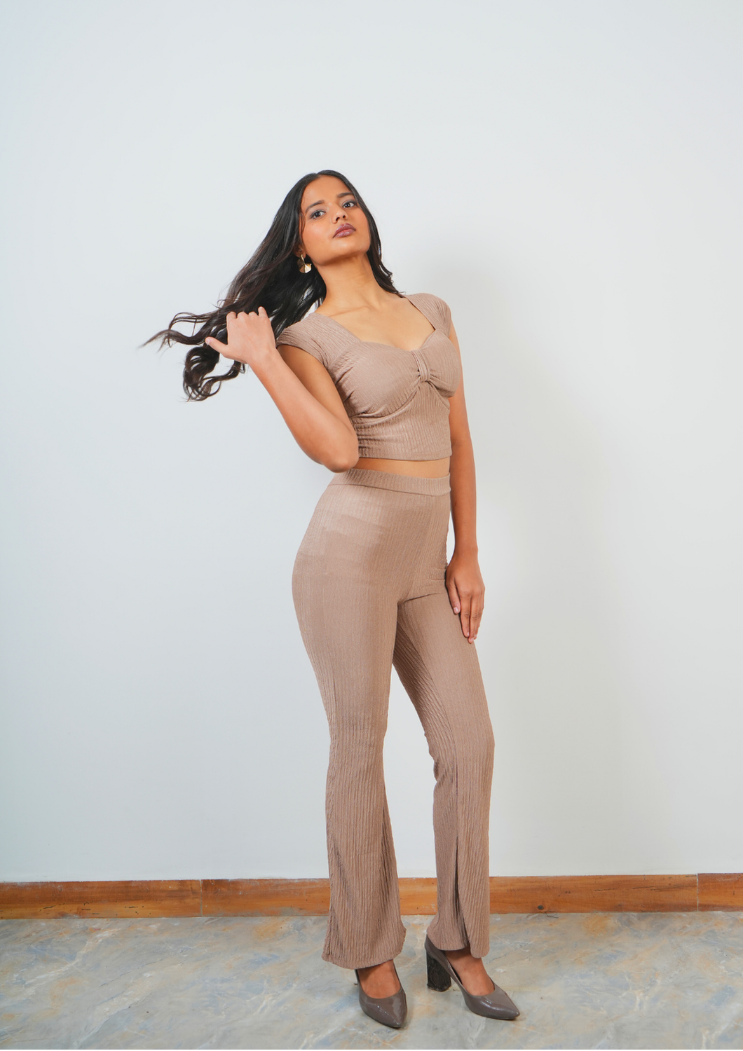 Modern two-piece set with a sleek sleeved top