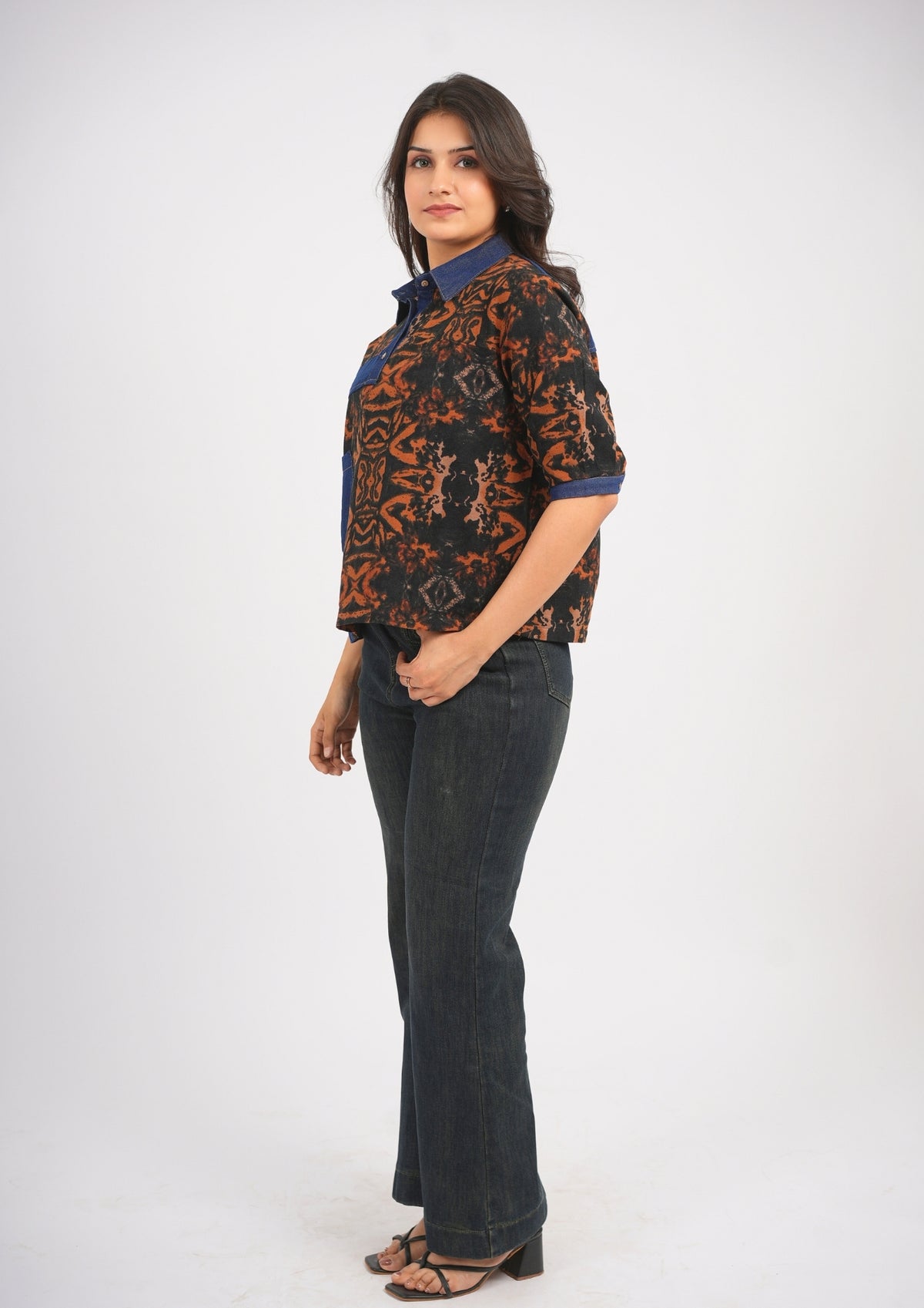 Street Style Oversized Printed Cotton Denim Shirt