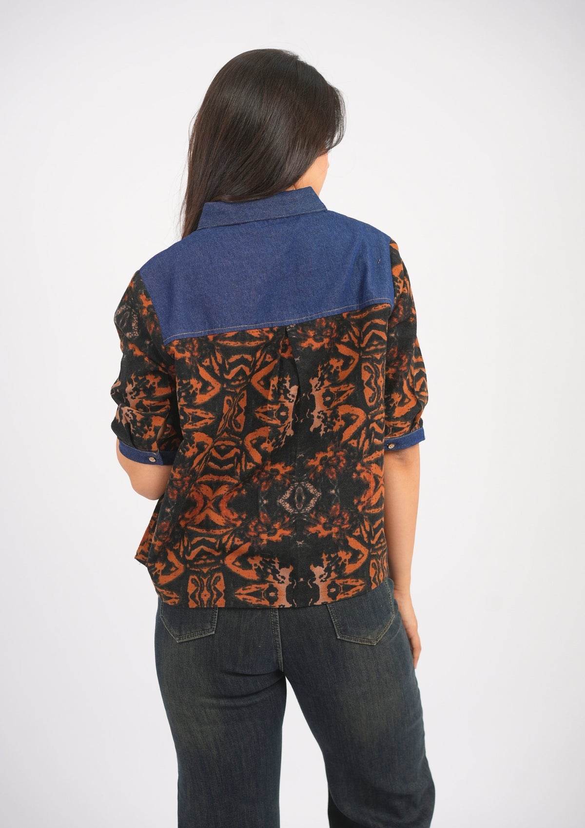 Street Style Oversized Printed Cotton Denim Shirt