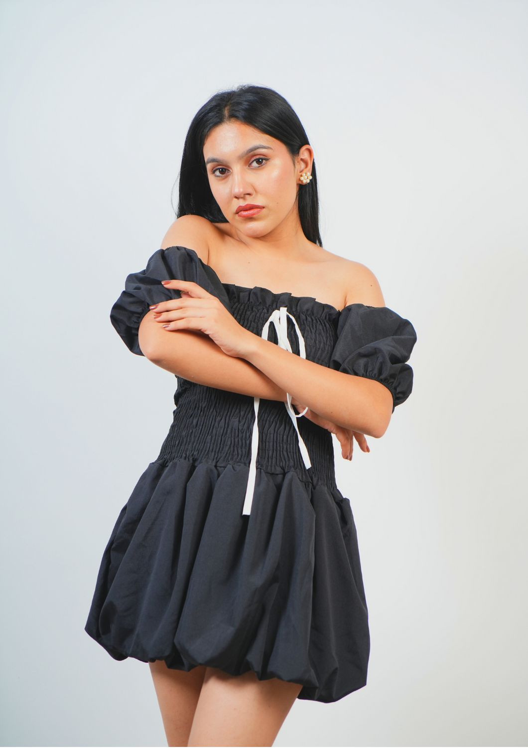 Cute Balloon Dress Featuring a Front Tie Accent