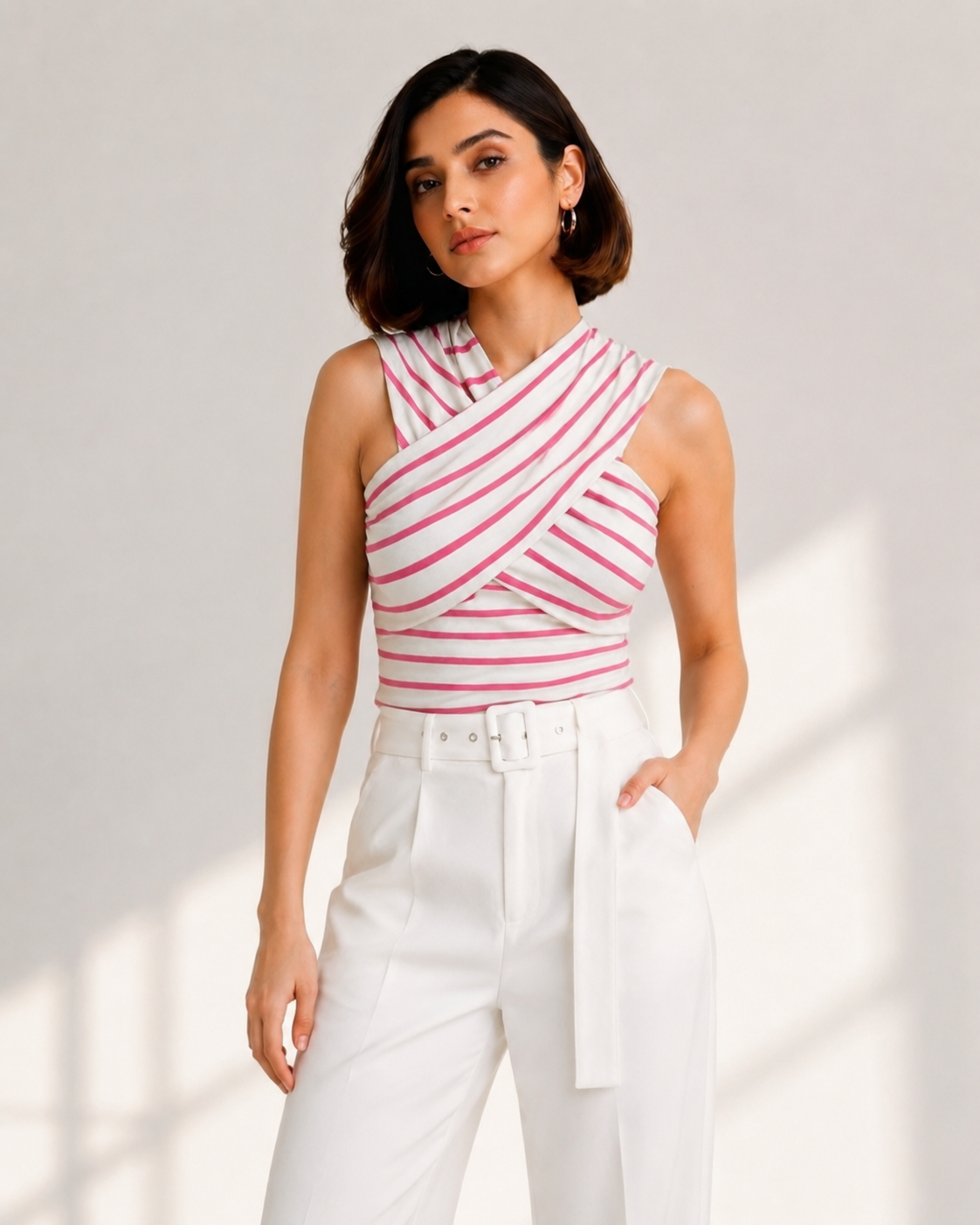 Pink Stripe Cross-Neck Crop Top