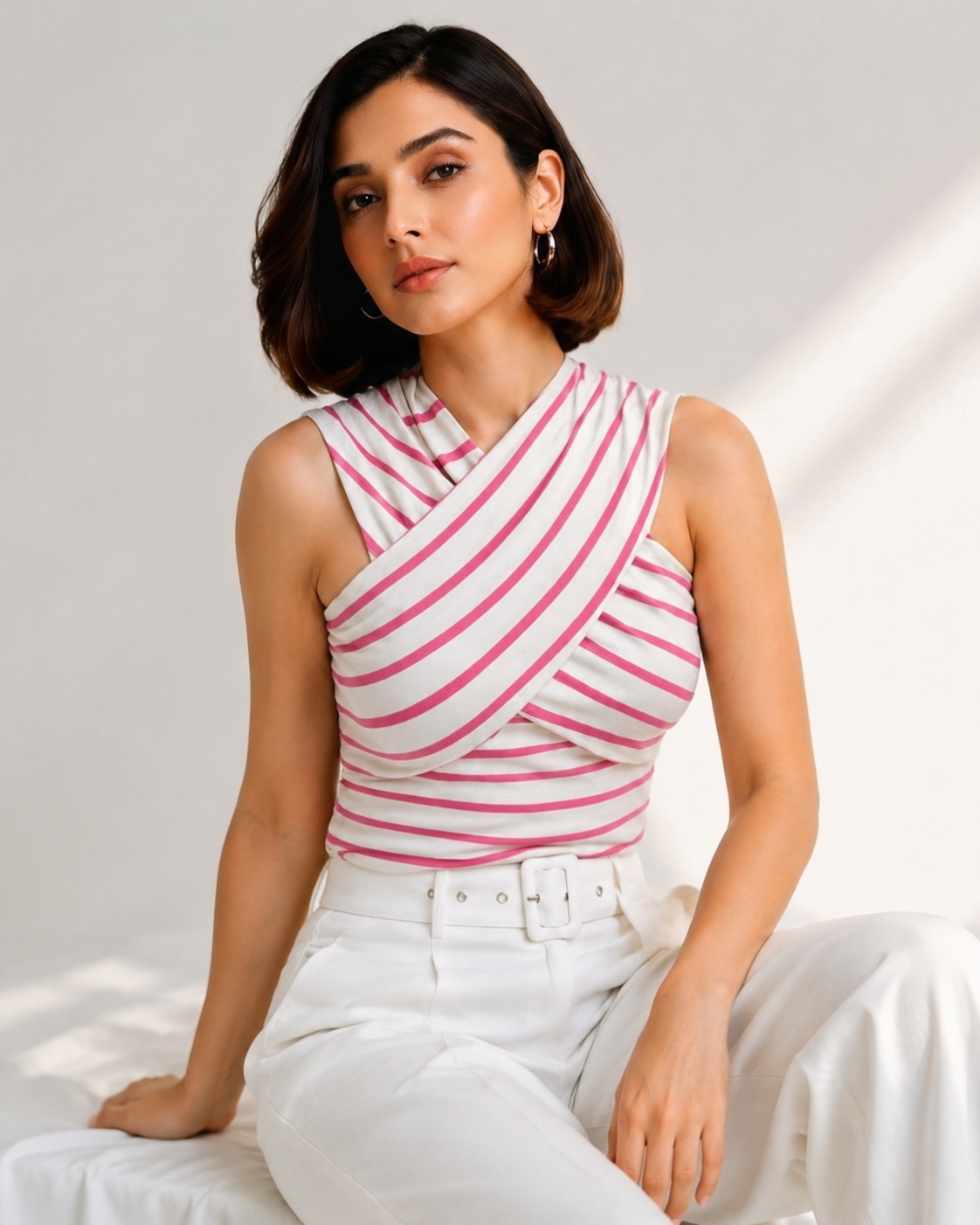 Pink Stripe Cross-Neck Crop Top