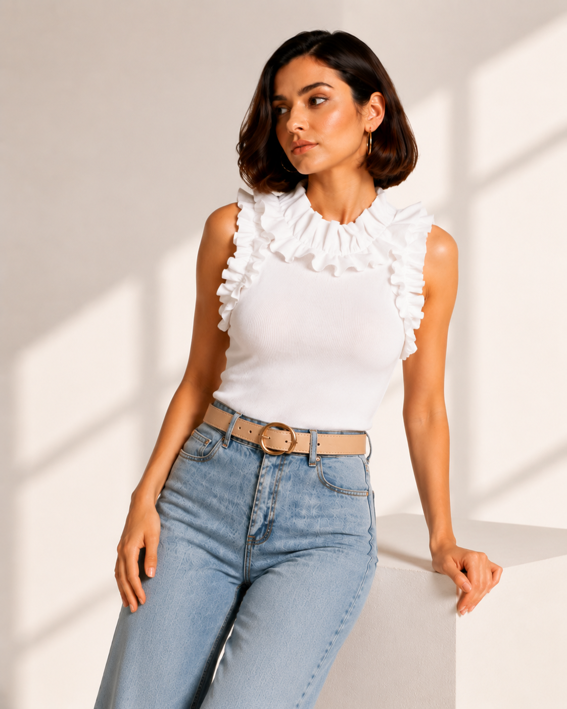White Ruffle Neck Top