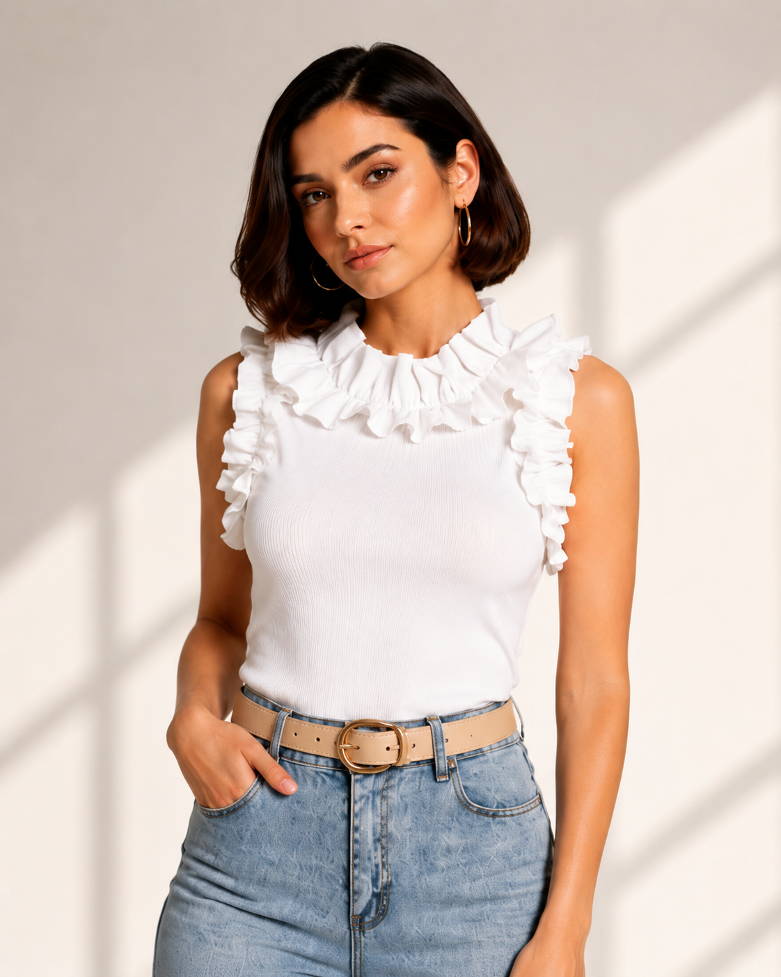 White Ruffle Neck Top
