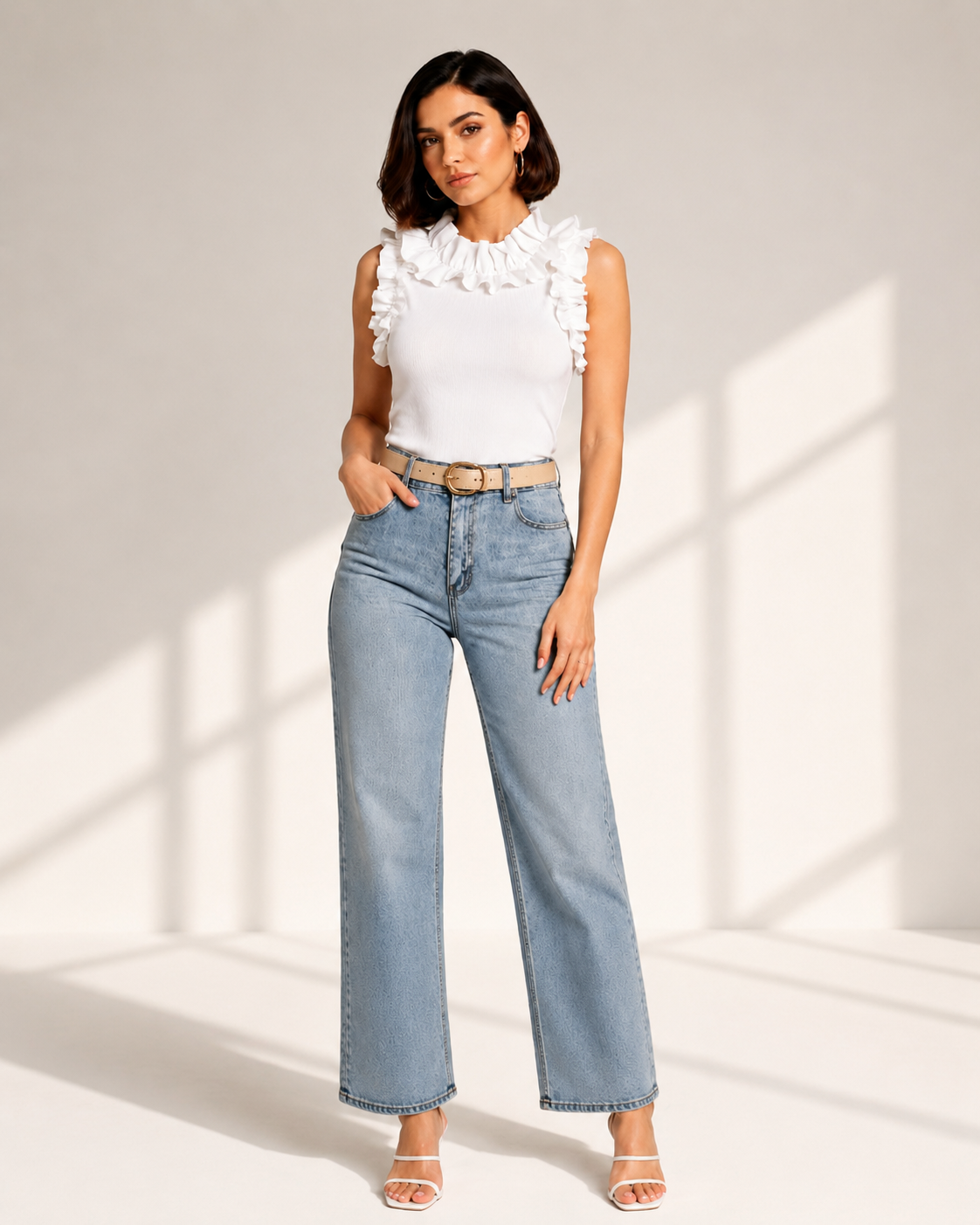 White Ruffle Neck Top