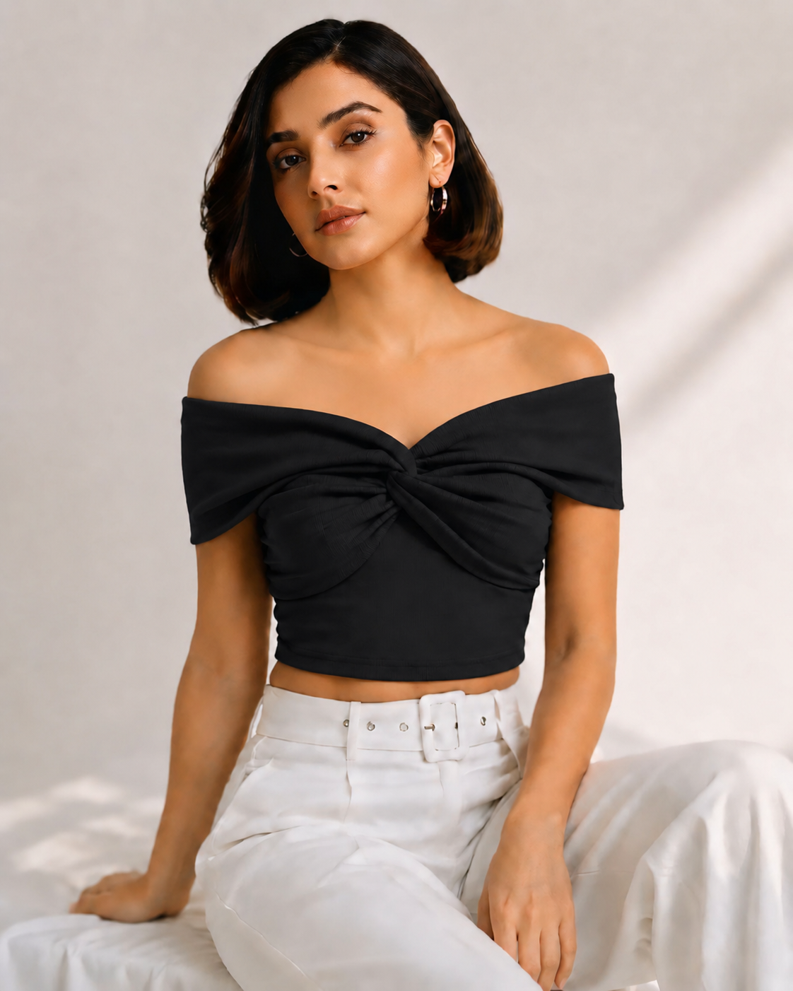 Black Twist Off-Shoulder Crop Top