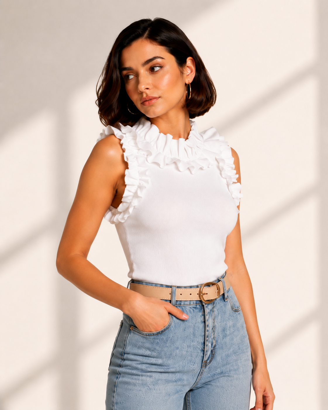 White Ruffle Neck Top