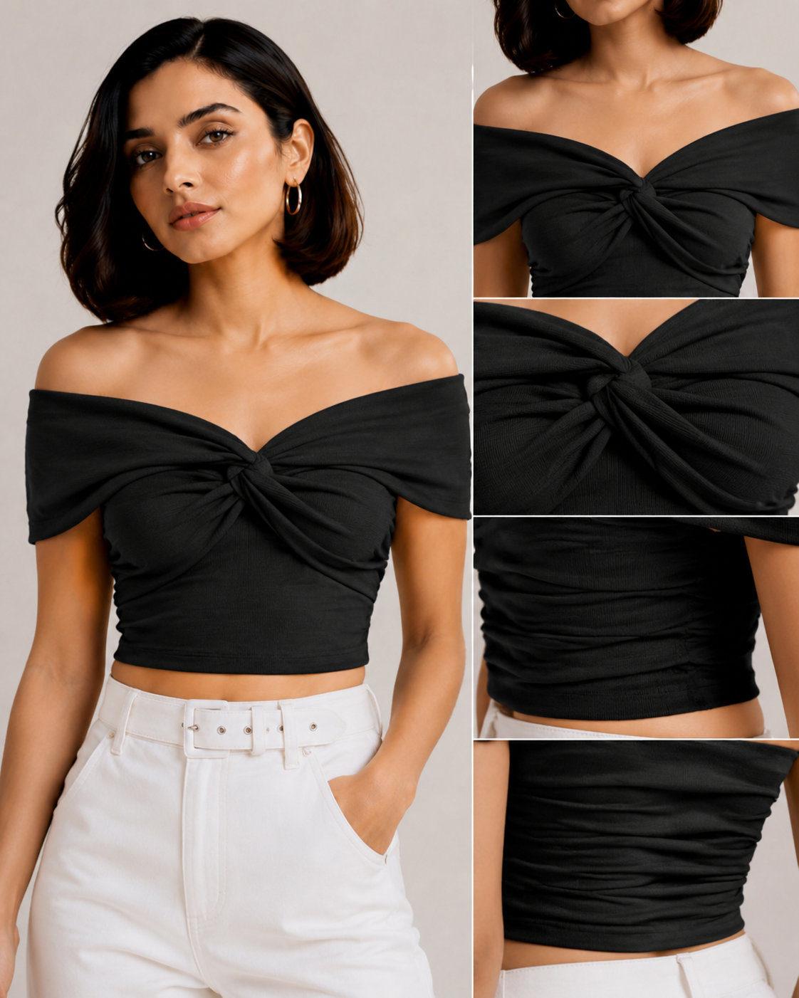 Black Twist Off-Shoulder Crop Top
